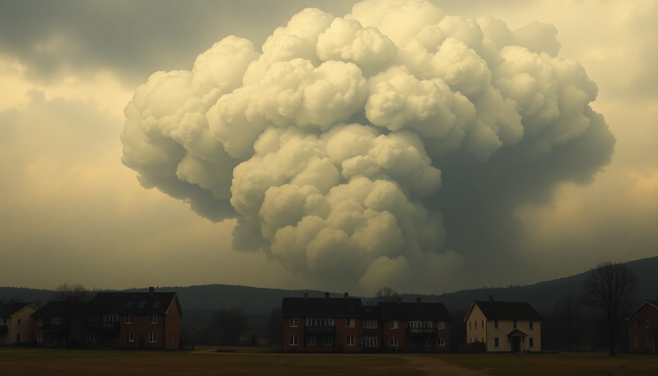 A sweeping, atmospheric landscape painting in muted tones, with a massive plume of smoke rising into a cloudy sky, dwarfing the silhouetted outline of a small duplex in the foreground, conveying the overwhelming scale and power of a residential fire.