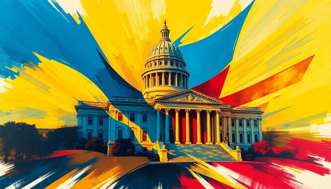 A vibrant, abstract painting of a California state capitol building rendered in overlapping, geometric brushstrokes of deep blue, golden yellow, and crimson red, conveying the energy and tension of the gubernatorial election.