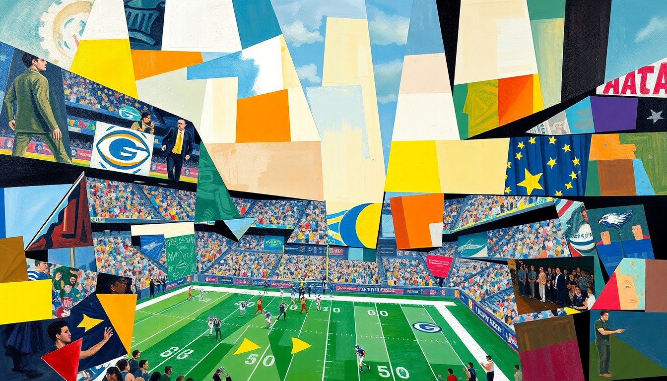 A cubist, geometric painting depicting fragmented and overlapping shapes and planes, representing the complex strategies and decision-making involved in an NFL draft.