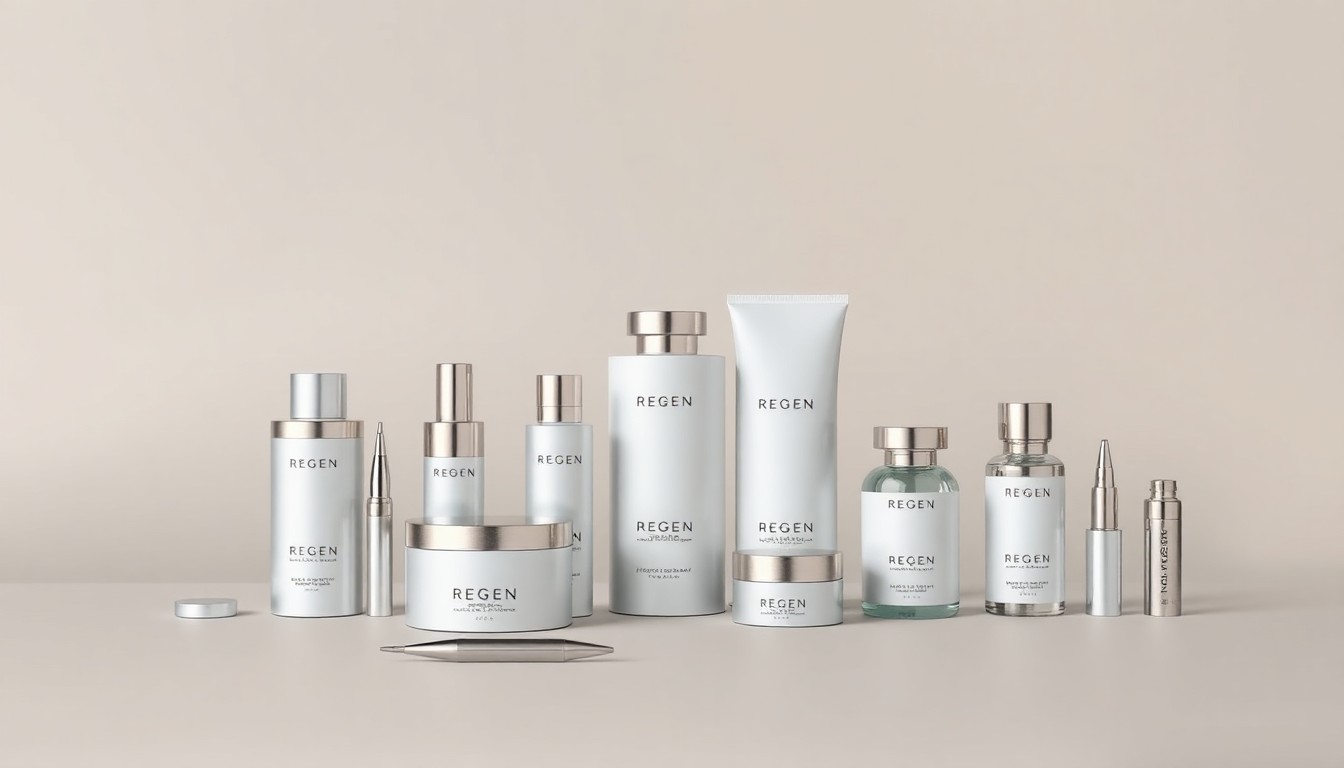 A minimalist studio still life featuring a collection of sleek, polished medical devices and wellness products arranged on a clean, monochromatic background, conceptually representing the advanced regenerative treatments and longevity-focused care offered by Regen Health Physicians.