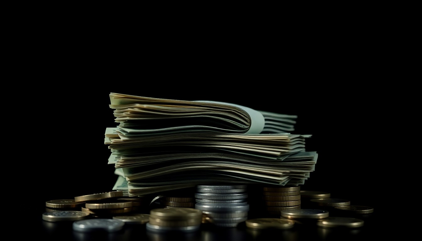 An extreme close-up of a stack of cash and coins, lit by a harsh, direct camera flash against a pitch-black background, conceptually representing the financial fraud at a New York City church.