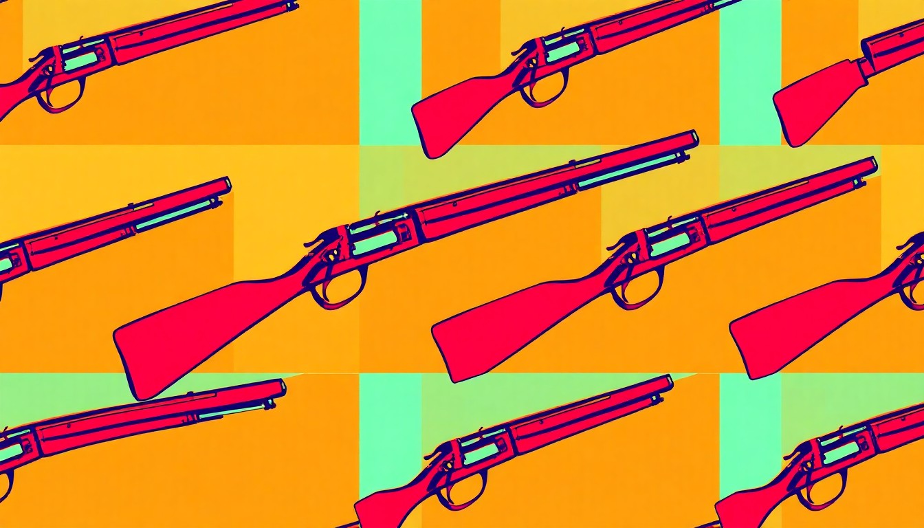A bold, colorful silkscreen-style illustration featuring a repeated image of a Revolutionary War-era musket in a grid pattern, capturing the patriotic spirit of the memorial dedication ceremony.