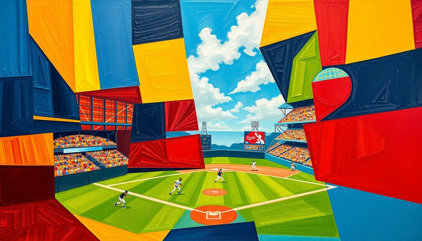A cubist-style painting depicting the chaotic action of a baseball game, with players and field elements fractured into sharp, overlapping geometric shapes in a vibrant color palette.