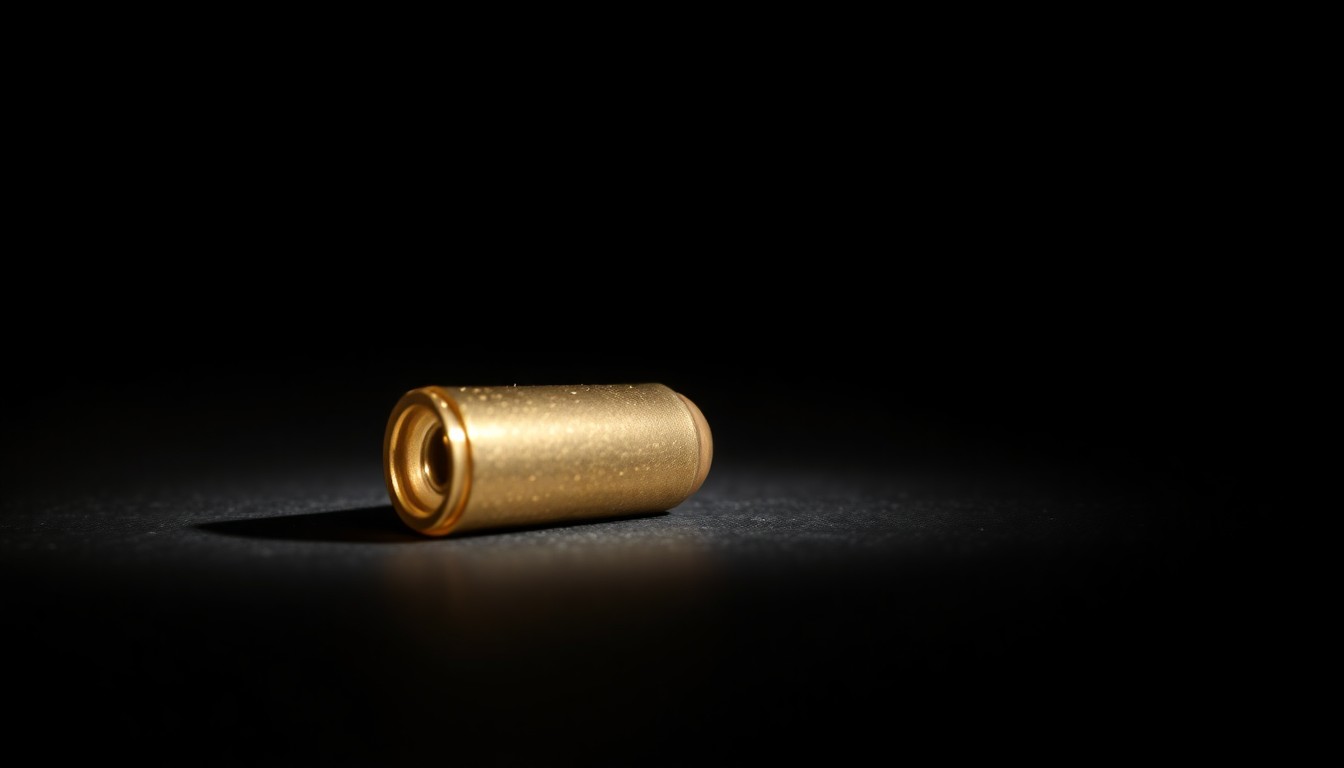 An extreme close-up of a spent bullet casing on a dark surface, lit by a harsh, direct camera flash, conceptually representing the unsolved nature of this 2017 homicide investigation.