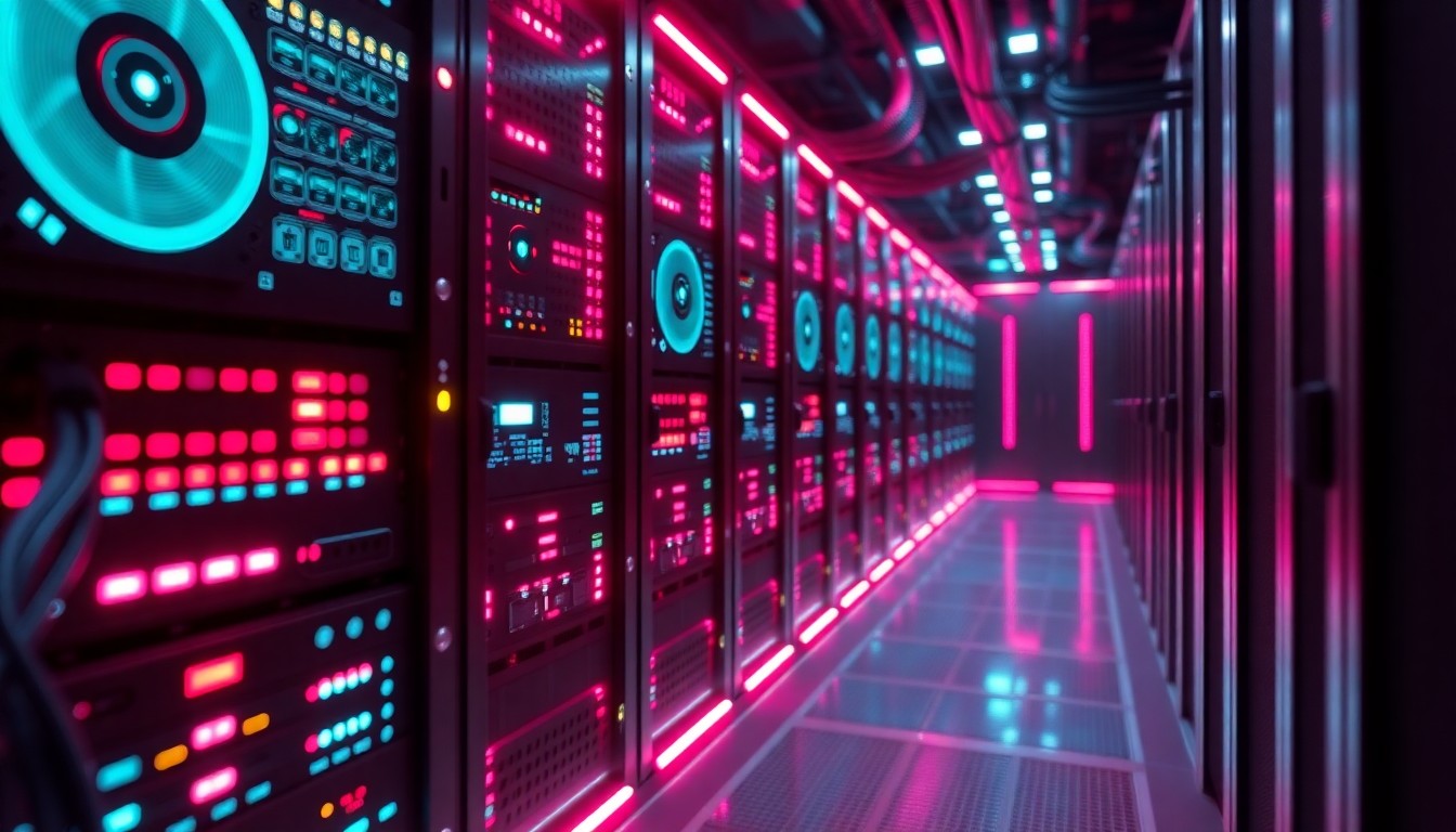 A glowing, high-tech 3D illustration of a data center server rack, with illuminated circuit boards, cooling fans, and data cables, representing the advanced edge computing technology powering Blaize and NeoTensr's new partnership.