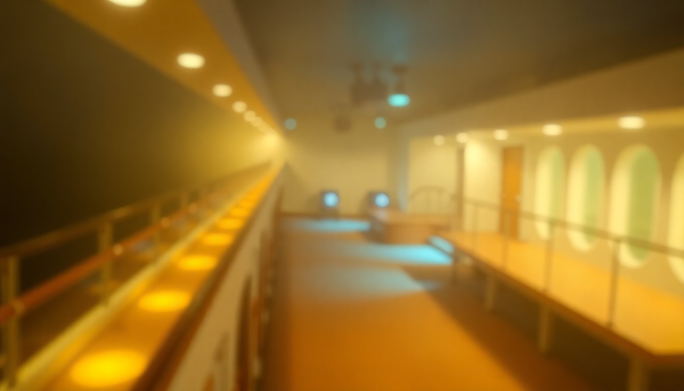 An extremely abstracted, out-of-focus photograph of a cruise ship deck at night, with soft pools of warm yellow and blue light reflecting off the water, creating a blurred, dreamlike scene that evokes a sense of disorientation and danger.