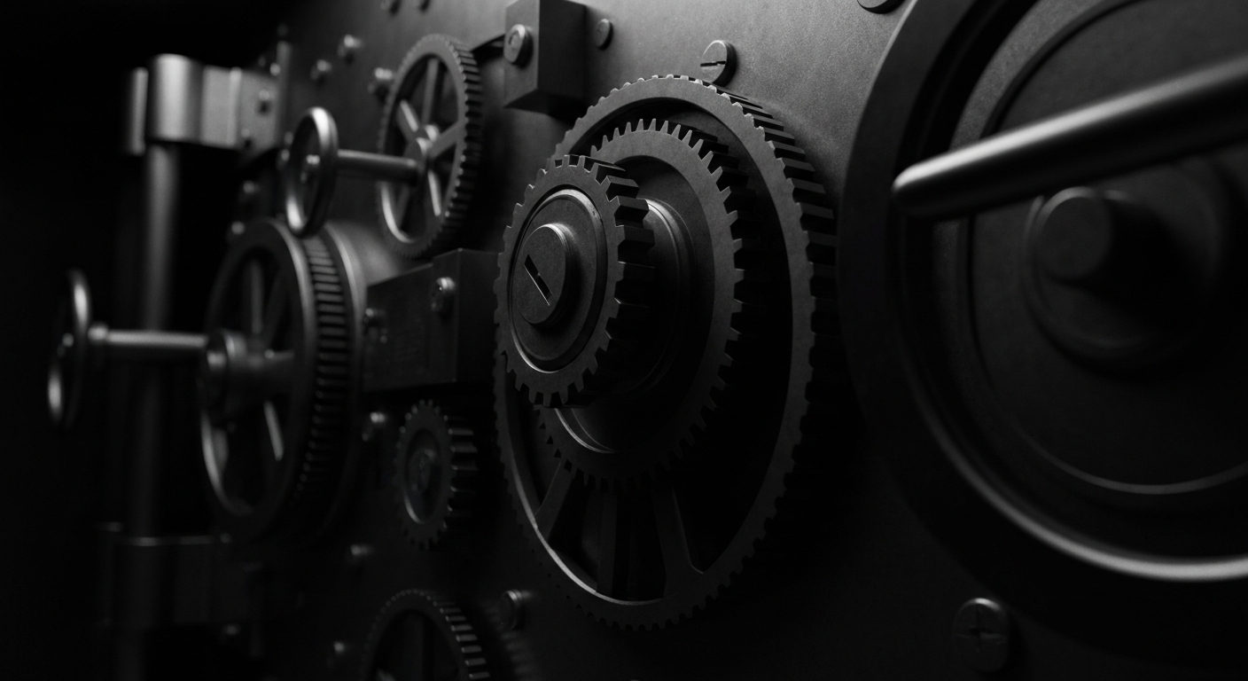 An extreme close-up of the intricate mechanical components of a bank vault, representing the institutional strength and financial security that enables BancFirst's success.