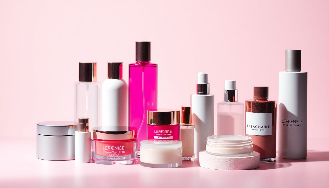 A high-end, photorealistic studio still-life photograph featuring a collection of premium beauty products arranged elegantly on a clean, monochromatic background. The products are made from polished raw materials and clean geometric shapes, using dramatic studio lighting to represent the abstract concept of beauty retail as an immersive live experience.
