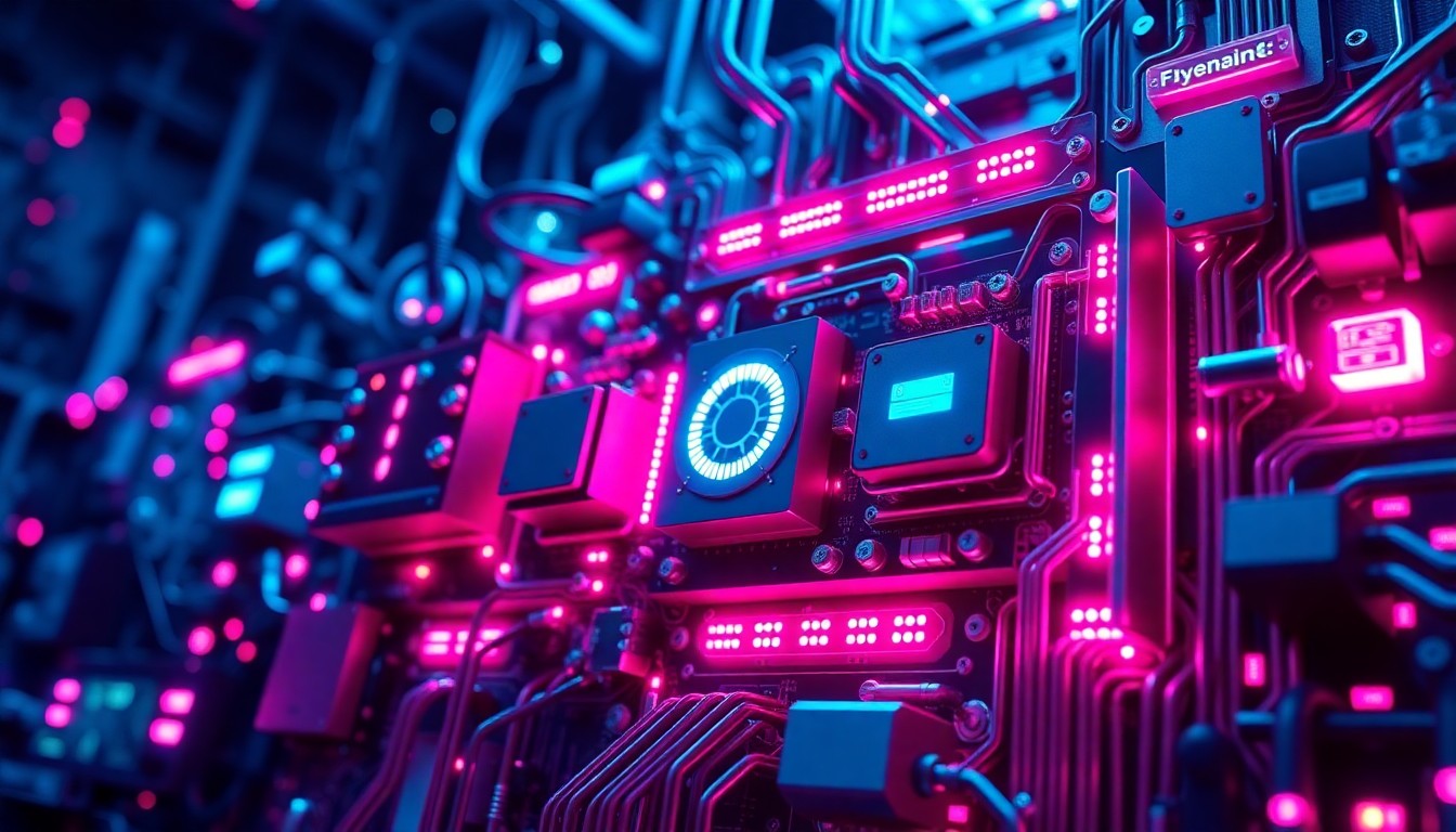 A highly detailed 3D illustration of glowing, illuminated cybernetic hardware components in shades of neon blue and magenta, conceptually representing the complex digital infrastructure powering advanced AI language models.