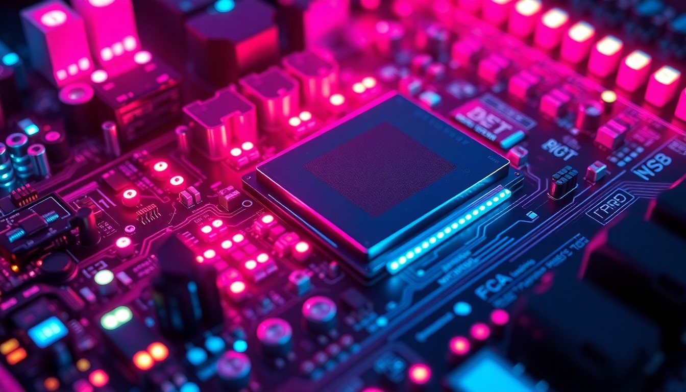 A highly detailed, glowing 3D macro illustration of a computer motherboard with neon cyan and magenta lights illuminating the various components, conceptually representing the complex, interconnected nature of digital infrastructure that can be targeted by sophisticated cyber attacks.
