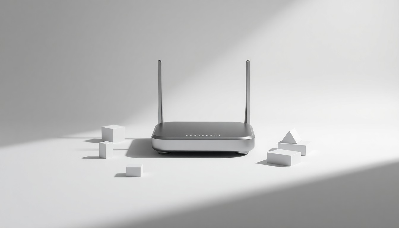 A photorealistic studio still-life featuring a metallic 5G router or mobile device, surrounded by abstract geometric shapes and forms, conveying the premium, polished nature of Inseego's wireless technology.