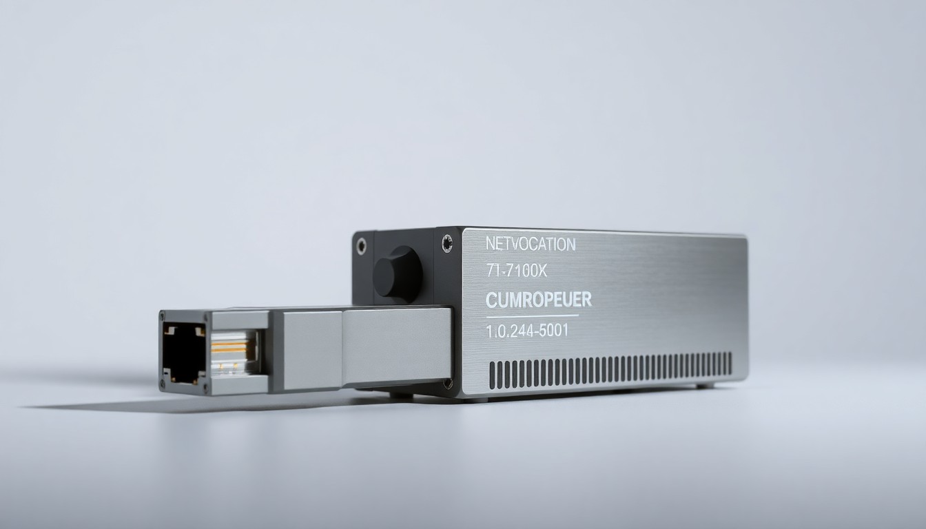 A high-end, photorealistic studio still-life photograph of a sleek, polished optical networking device or component in muted, metallic tones against a clean, monochromatic background, dramatically lit to convey a sense of advanced technology.