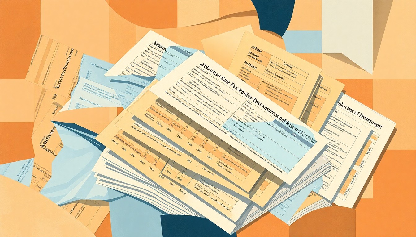 A fractured, abstract painting in warm earth tones and cool blues, depicting a stack of overlapping Arkansas state tax forms, conveying the complex and ever-changing nature of state tax policy.