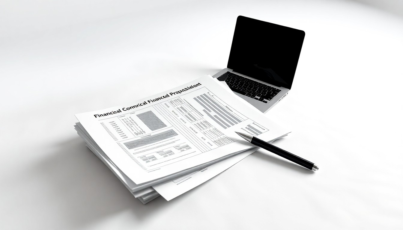 A photorealistic studio still-life photograph featuring a stack of financial reports, a laptop, and a pen arranged elegantly on a clean, white background, symbolizing the abstract concepts of corporate strategy and market performance.