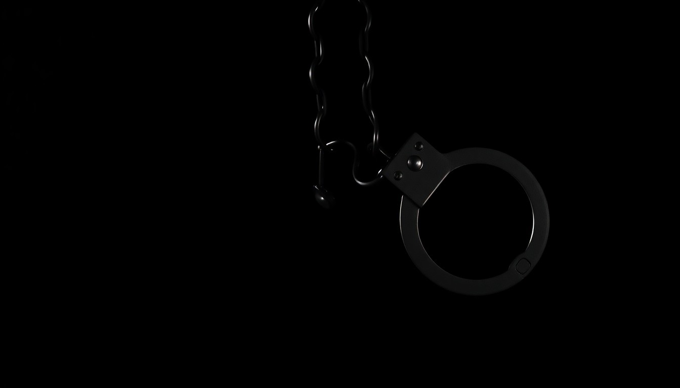 An extreme close-up photograph of a pair of handcuffs against a pitch-black background, creating a stark, gritty, investigative aesthetic.