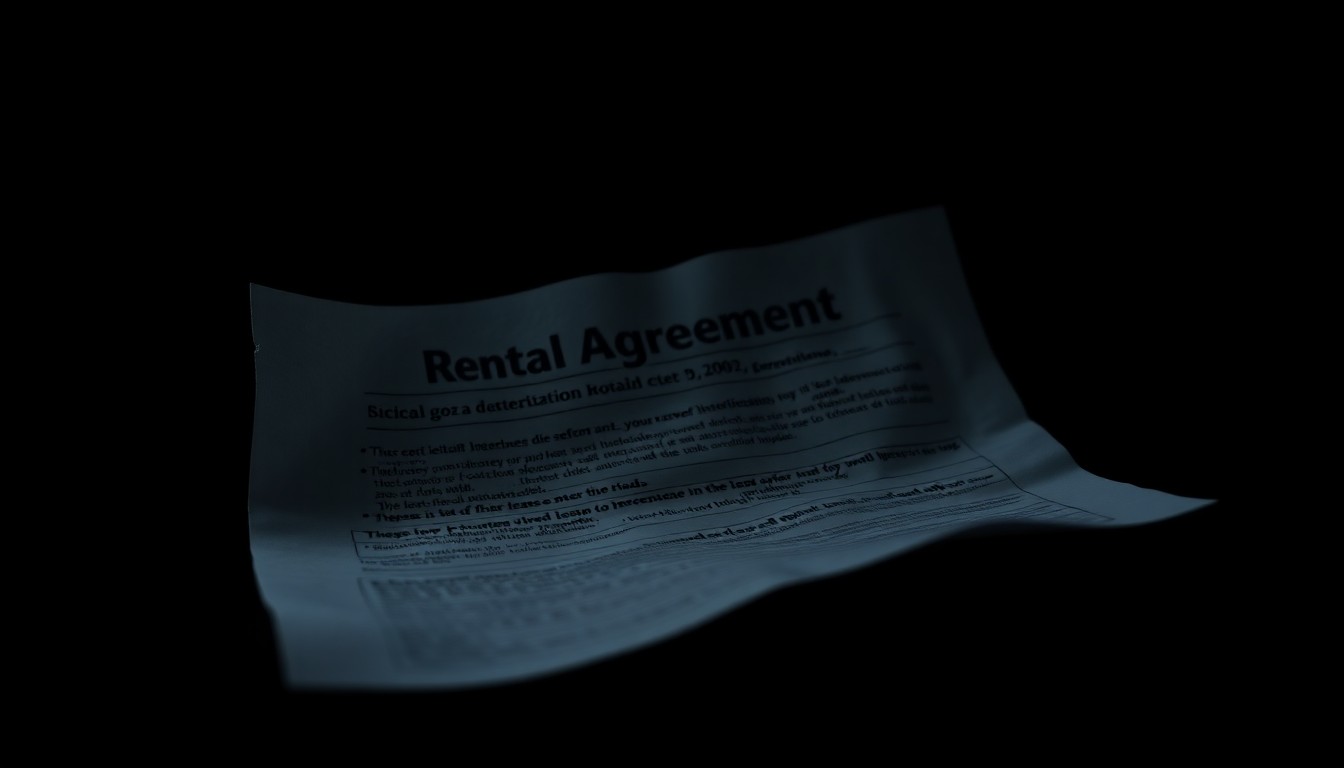 An extreme close-up photograph of a crumpled rental agreement document, the harsh lighting and dark background creating a stark, gritty aesthetic that conceptually captures the investigative nature of this fraud case.