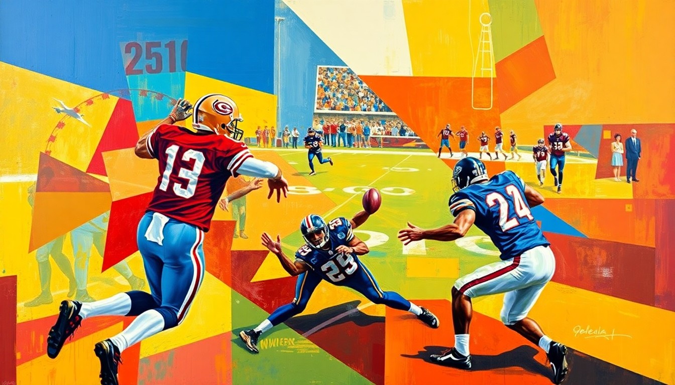 A cubist-style painting featuring fragmented geometric shapes in red, blue, and gold, conceptually representing the difficult tradeoffs the Cardinals face in selecting their next quarterback.