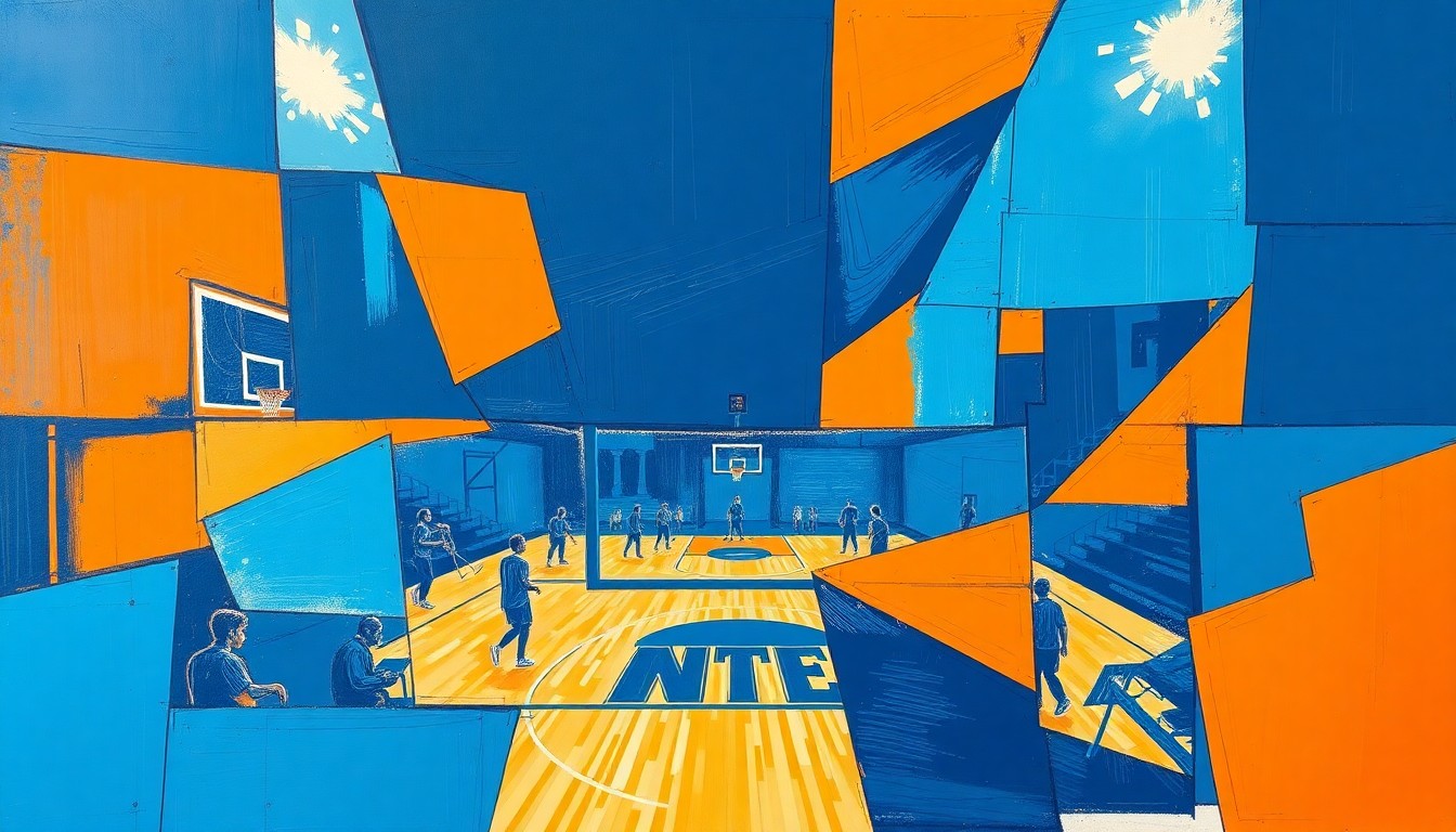 A cubist, geometric painting depicting a fragmented WNBA basketball practice scene, with sharp overlapping planes of navy blue, sky blue, and bright orange shapes representing the players, court, and equipment.