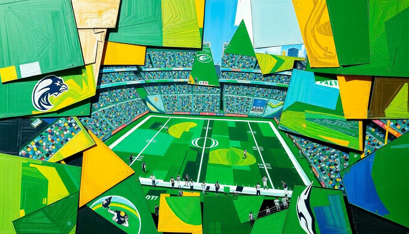 A fractured, cubist-style painting depicting various football players and draft prospects in overlapping geometric shapes and planes, using a vibrant color palette to conceptually represent the Packers' strategic draft plan.