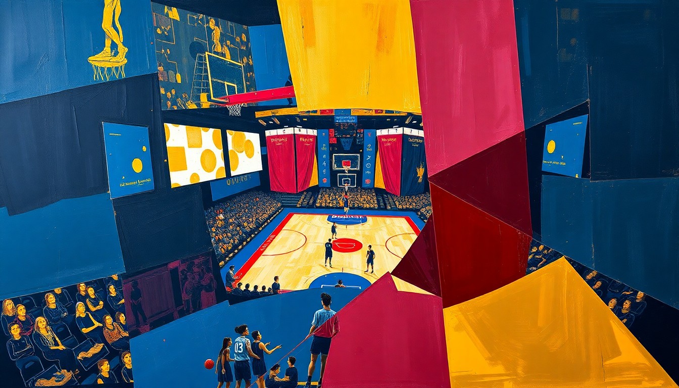 A fractured, multi-perspective painting featuring sharp, overlapping geometric planes in navy blue, maroon, and gold, conceptually representing the fast-paced action and energy of a women's basketball game.