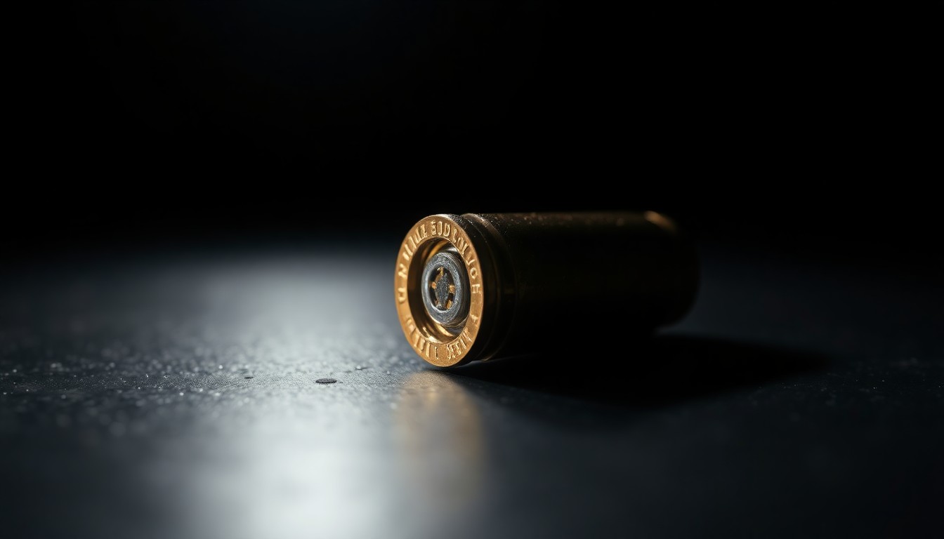 An extreme close-up photograph of a spent bullet casing on a dark surface, lit by a harsh, direct camera flash, conceptually illustrating the violence and aftermath of a domestic dispute.
