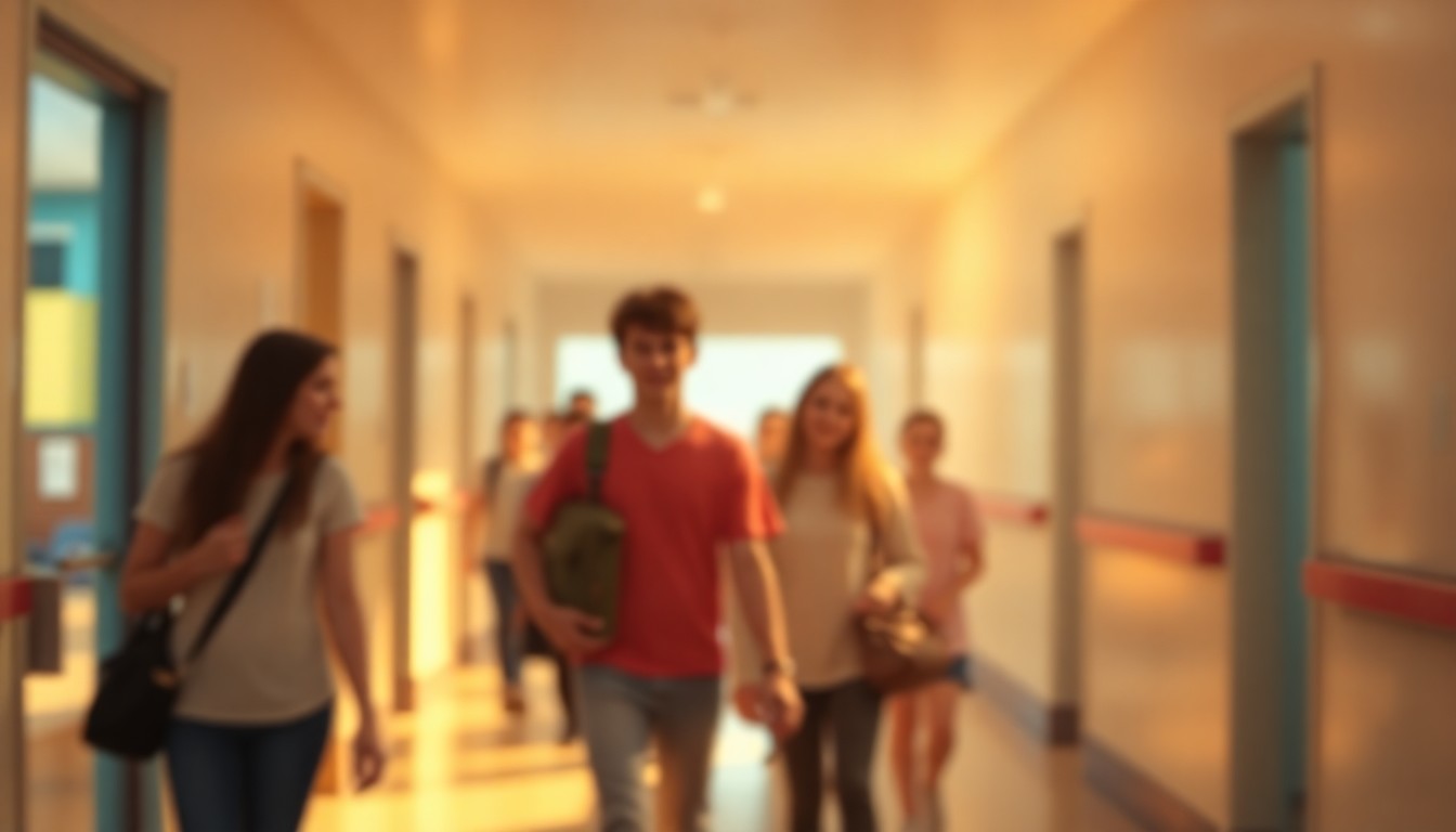 A hazy, impressionistic scene of students moving through a school hallway, with soft, warm light and color creating a dreamlike, atmospheric quality that captures the emotional tone of the school district's budget decisions.