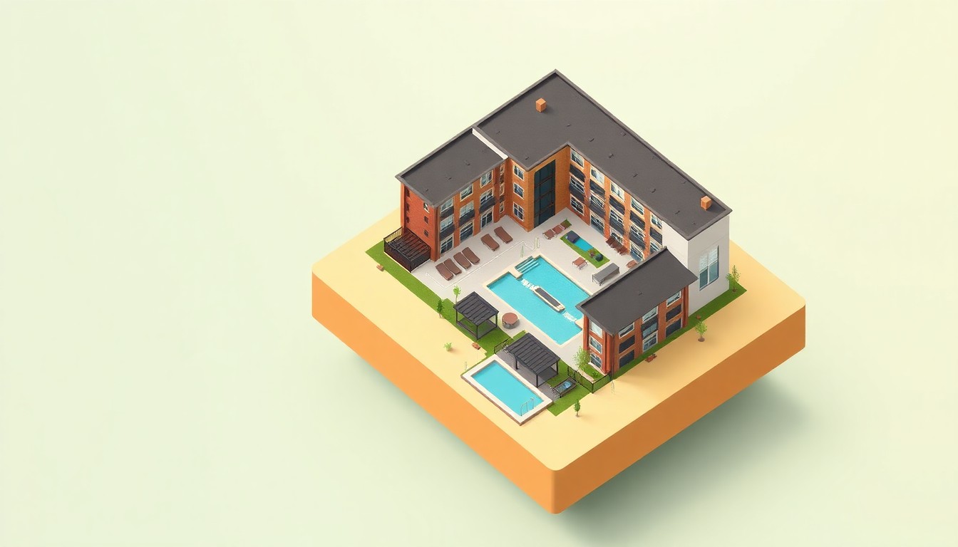A miniature, stylized 3D illustration of the Flats at Fondren apartment complex, featuring a pool, pavilion, and other amenities, set against a soft pastel background to conceptually represent the development's role in enhancing the local community in Jackson, Mississippi.