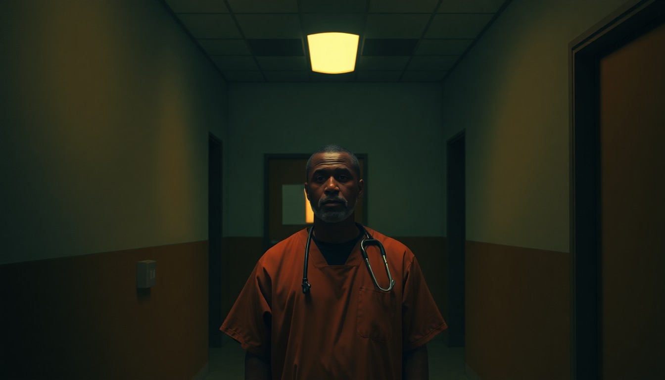 A softly lit, cinematic painting depicting a lone Haitian healthcare worker in a dimly lit facility, conveying the quiet struggle and uncertainty faced by this community.