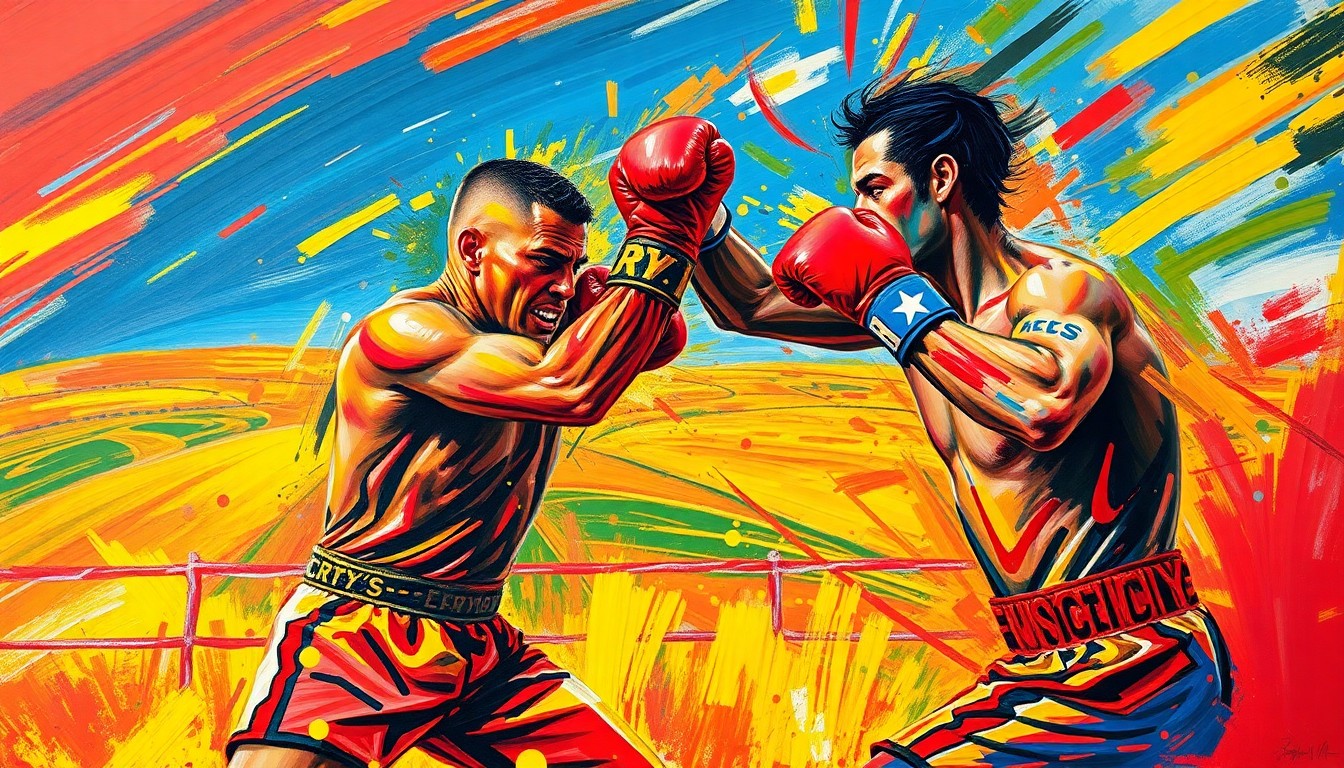 An abstract expressionist painting in vibrant neon colors, with rapid brushstrokes evoking the energy of a boxing match, set against a faint landscape of rolling hills in the background, conceptually representing the legacy of boxer George Foreman and his connection to Sioux City, Iowa.