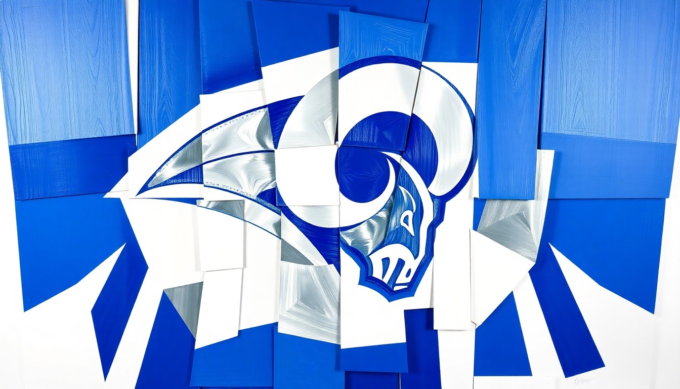 A cubist, geometric illustration depicting the Rams' new logo and uniform design, with sharp, overlapping planes of metallic silver, royal blue, and bright white.