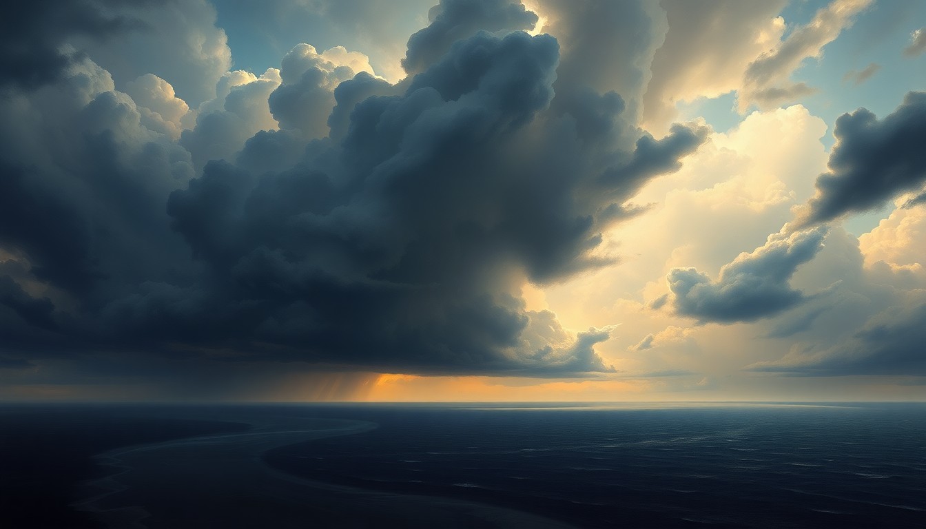 A vast, atmospheric landscape painting depicting a turbulent, stormy sky over the coastline, with physical structures dwarfed by the overwhelming natural forces.
