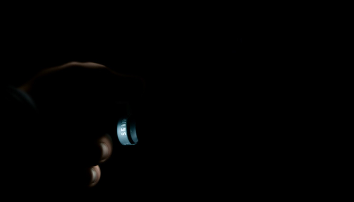 An extreme close-up photograph of a handgun trigger and grip, lit by a harsh direct flash against a pitch-black background, conceptually illustrating the serious nature of a gun crime conviction.