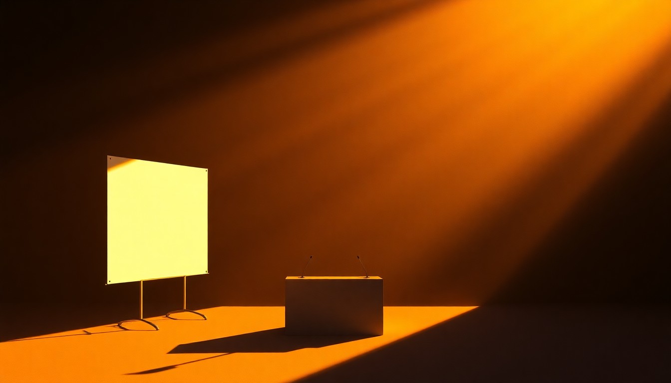 A serene, photorealistic painting depicting a lone campaign sign or podium set against a backdrop of warm, golden sunlight and deep, dramatic shadows, conveying a sense of quiet contemplation and the weight of political issues.