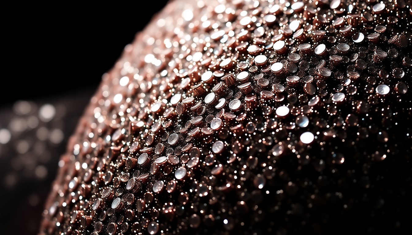 An abstract close-up photograph of shimmering, glittering sequins illuminated by dramatic studio lighting, evoking the glamour and high-fashion aesthetic of the Outlander universe.
