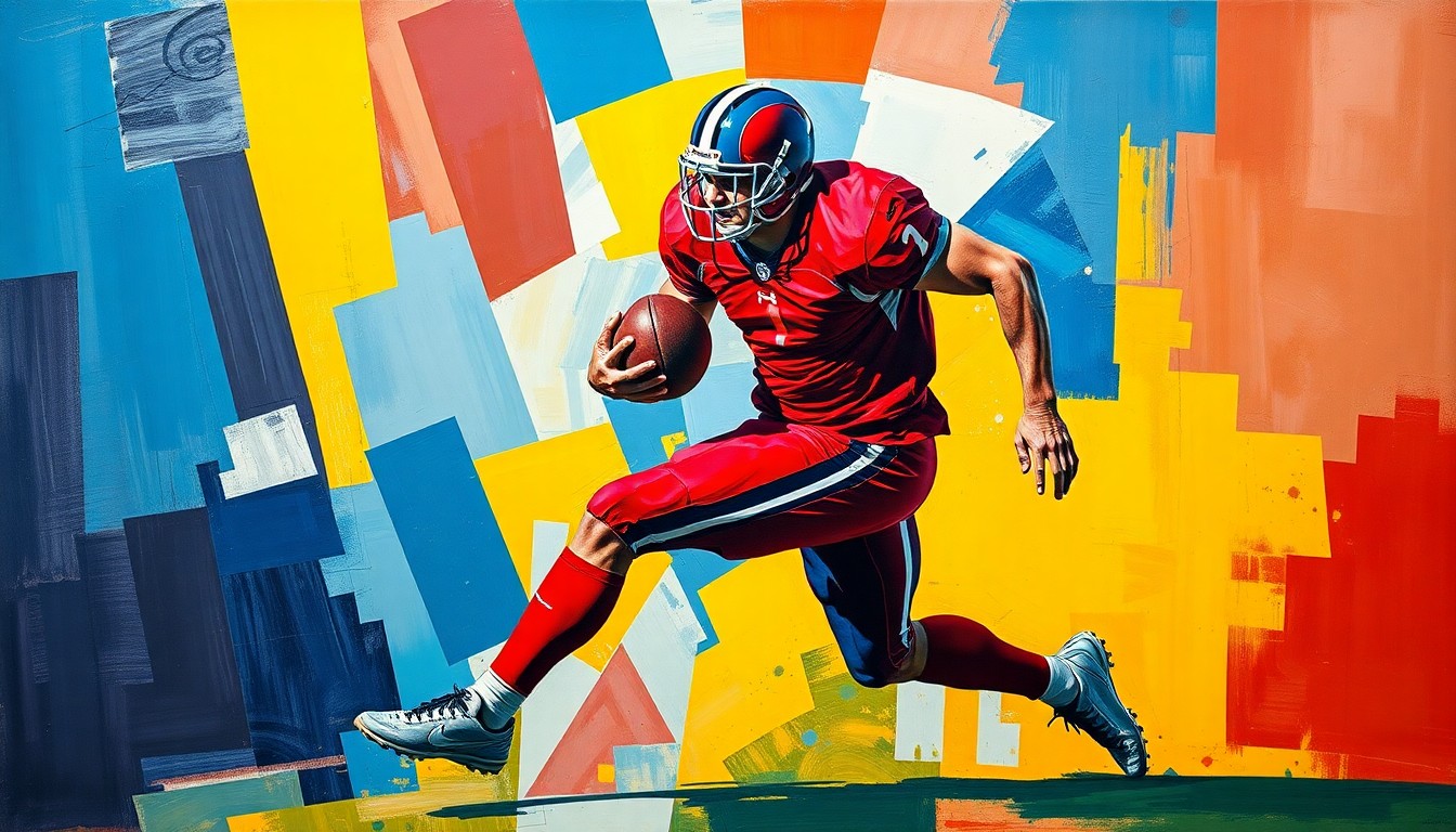 A cubist, geometric painting depicting a football player in motion, with sharp, overlapping planes of color representing the dynamic energy of the sport.