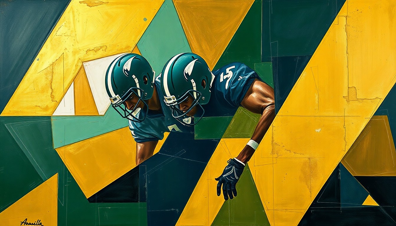 A cubist, geometric painting depicting the fragmented elements of a football offensive line, with sharp planes of dark green, gold, and navy blue representing the complex challenges the Packers face in rebuilding their offensive front.