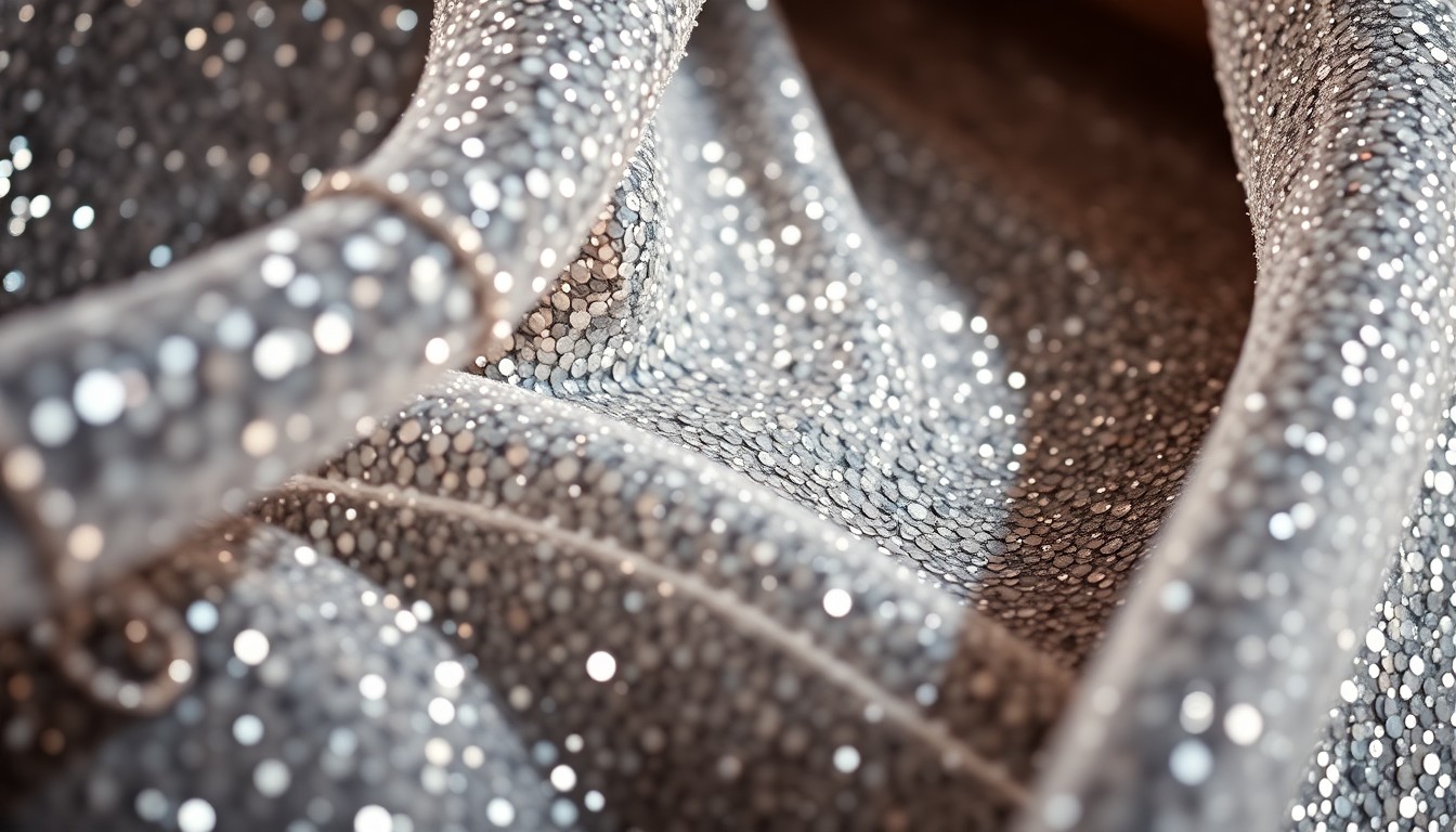 An extreme close-up photograph of sparkling sequins and luxurious fabric textures, captured in dramatic studio lighting to create a glamorous, high-fashion aesthetic representing the rising stardom of a country music artist.