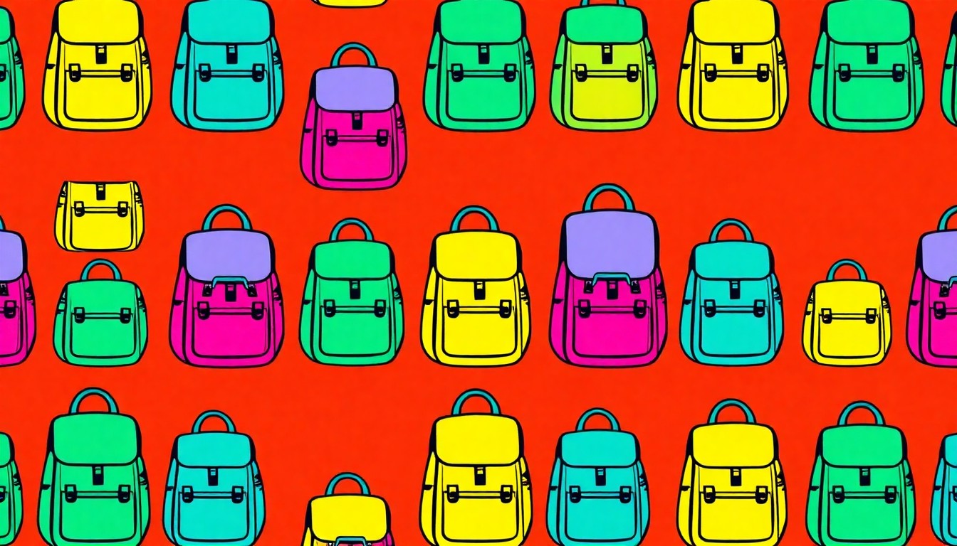 A bold, colorful silkscreen-style illustration featuring a repeating grid pattern of a backpack icon in bright neon shades, conceptually representing the distribution of emergency preparedness supplies to local families.