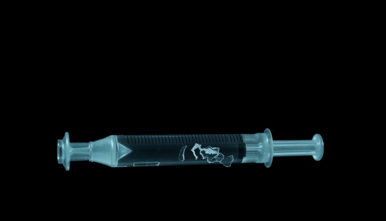 An extreme close-up photograph of a discarded syringe or broken glass bottle, capturing the gritty, investigative aesthetic of the cleanup effort in North Hollywood.