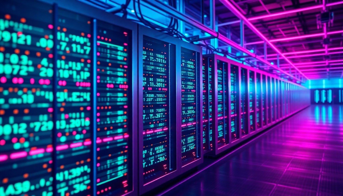 A highly detailed, glowing 3D illustration of a massive data center facility, with towering server racks and cooling systems illuminated by vibrant neon lights, conceptually representing the physical scale and energy demands of the infrastructure powering AI.