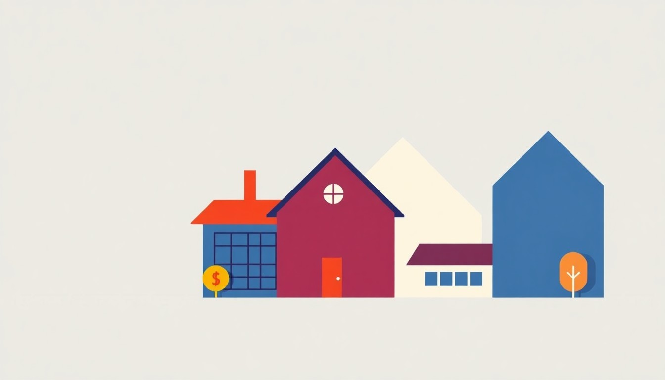 A geometric abstract illustration using bold shapes and primary colors to represent the disruption caused by delayed property tax bills in Cook County, without any text or identifiable elements.