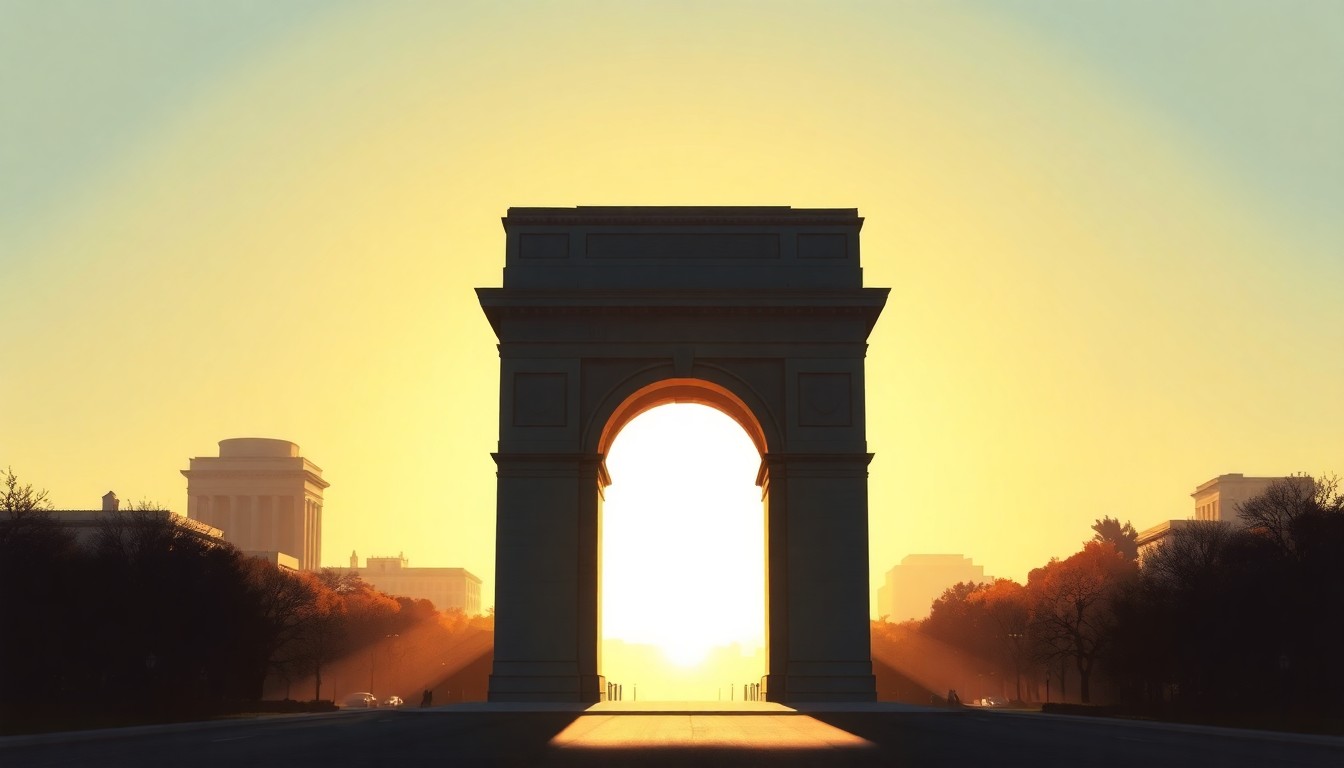A serene, painterly scene depicting a solitary triumphal arch structure in warm, golden light, set against the backdrop of the Washington, D.C. skyline, conveying a sense of contemplation and historical significance.