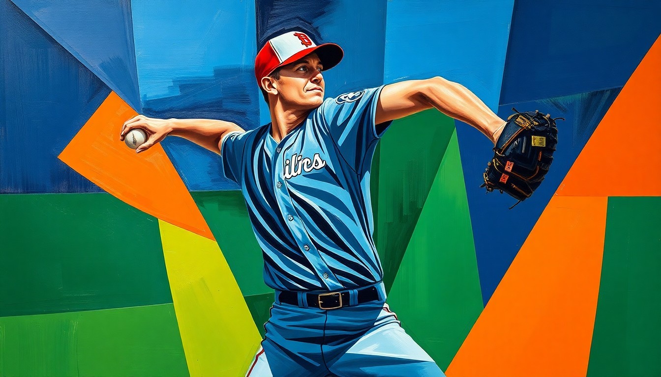 A cubist, geometric painting depicting a baseball pitcher's motion broken down into overlapping planes of navy, green, and orange, conveying the dynamic and adaptable nature of the Rays' pitching staff.