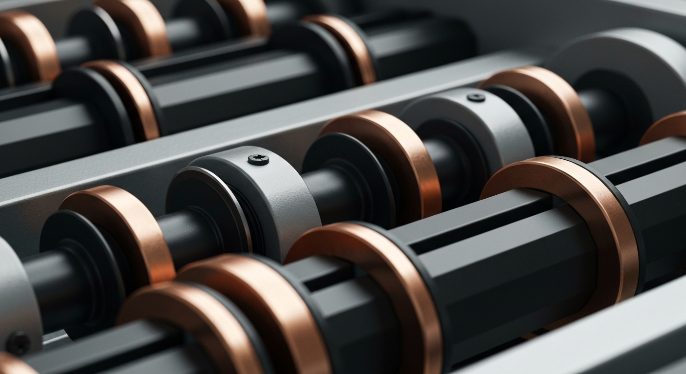 An extreme close-up of gears, levers, and other industrial banking equipment, conveying the complex, physical nature of modern finance without using literal financial symbols or charts.