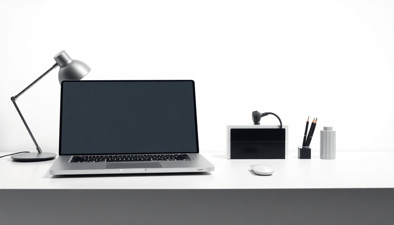 A photorealistic studio still life featuring a sleek, modern desktop setup with a laptop, wireless headphones, and a minimalist desk organizer in shades of silver, black, and white, conceptually representing the convergence of hardware, cloud, and customer experience technologies.