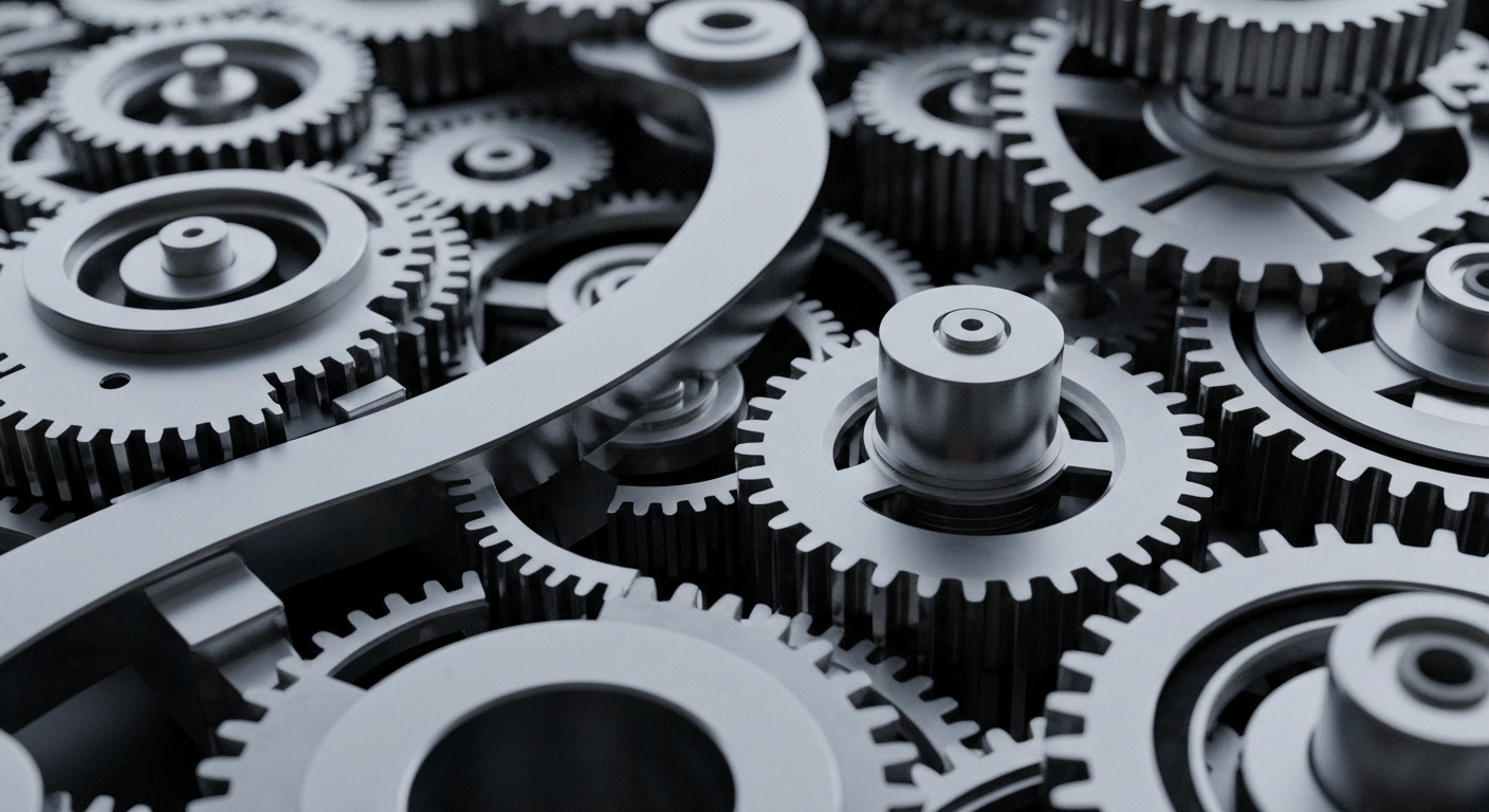 A highly detailed, cinematic close-up of heavy, metallic gears and machinery in shades of silver, steel, and black, conceptually representing the complex financial infrastructure and mechanics behind Gaxos.ai's stock performance.