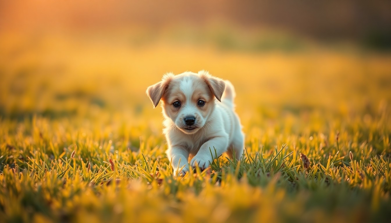 An extremely abstracted, out-of-focus photograph of a playful puppy in a grassy field, with soft, warm pools of light and color surrounding it, conceptually representing the heartwarming story of an abandoned pet finding a new home.