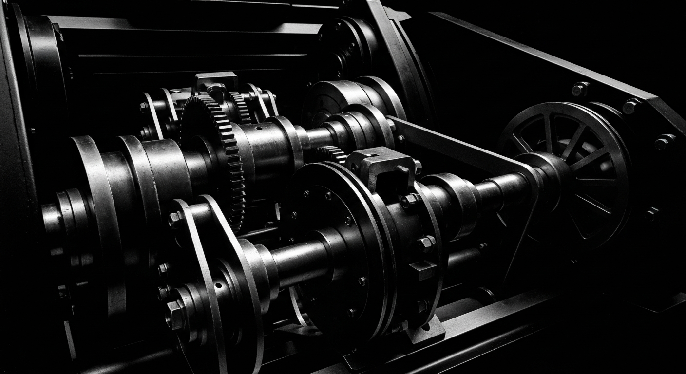 A high-contrast black and white close-up of the complex gears and components that make up an IMAX projection system, conveying the technical precision and industrial might behind the brand's premium entertainment experiences.