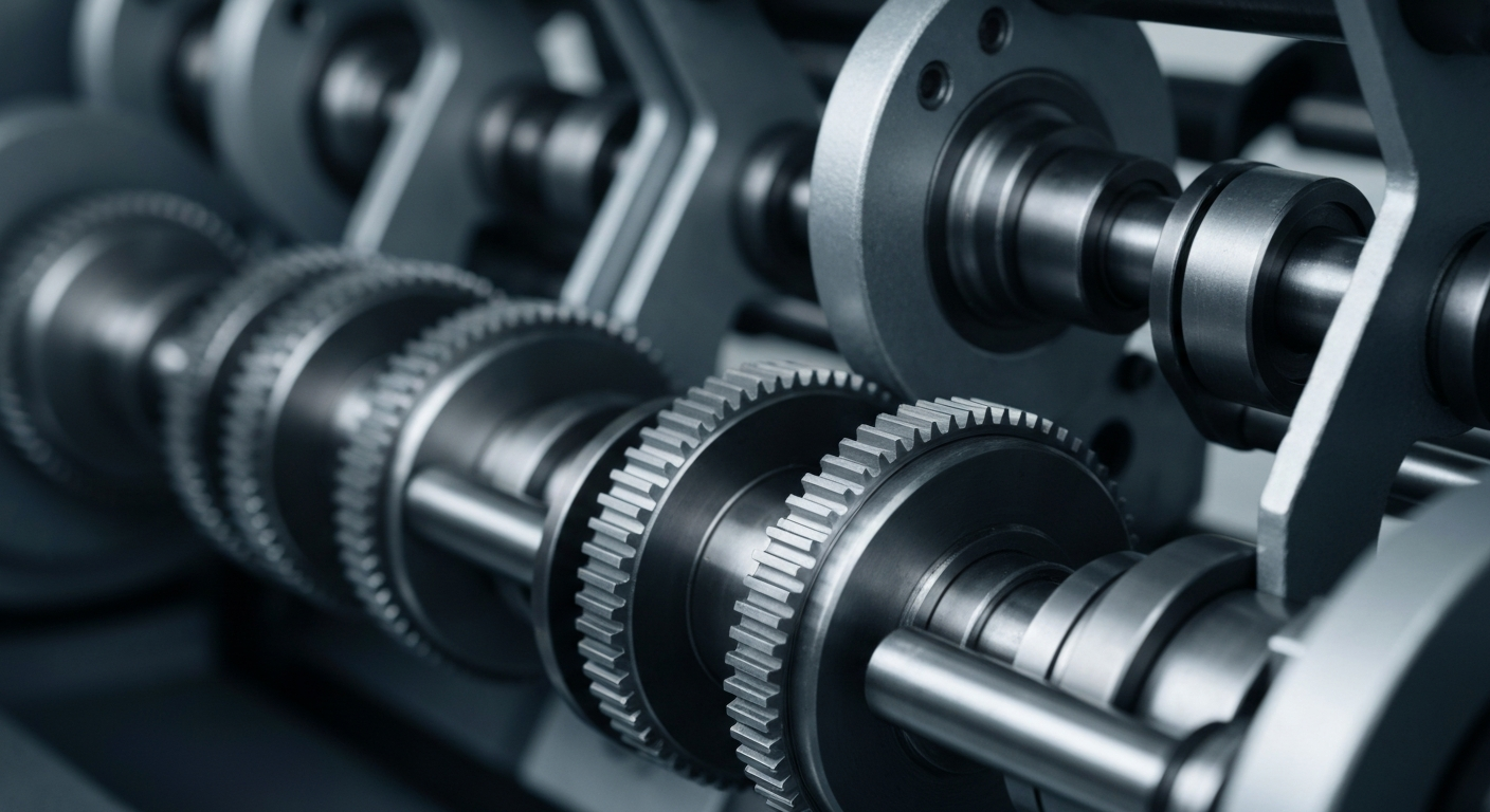An extreme close-up photograph of the internal gears, pulleys, and mechanisms of an industrial apparel manufacturing machine, conveying the complex engineering and technical precision behind Columbia Sportswear's outdoor products.