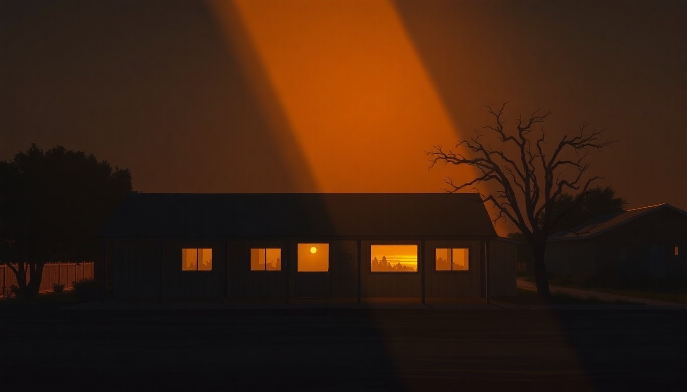 A serene, photorealistic painting of a rural community center in Gonzales, California, with the building bathed in warm, golden sunlight and surrounded by deep shadows, capturing a sense of quiet contemplation and civic engagement.